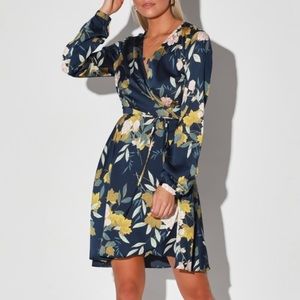 NWT Lulus Navy Blue Floral Print Satin Wrap Dress